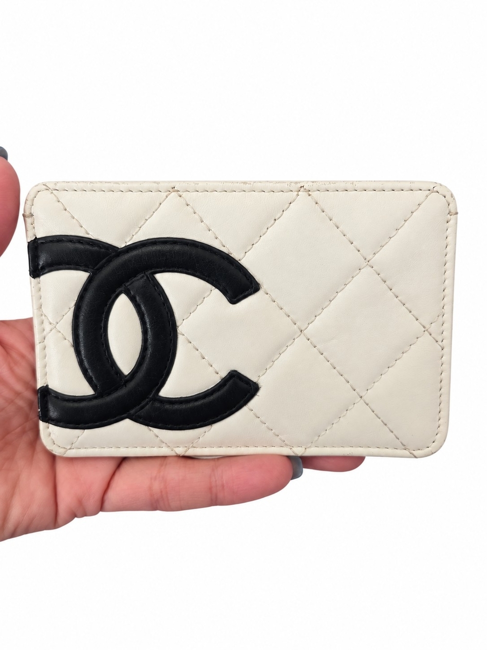Chanel Quilted Leather Card Holder in White and Black
